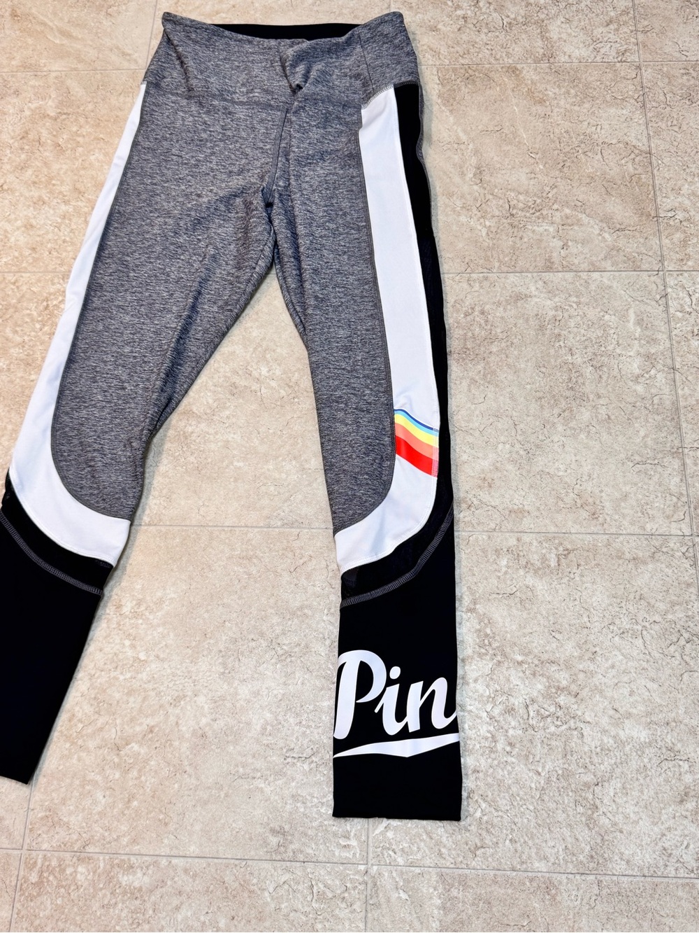 VS Pink Ultimate High Waist Rainbow Logo Mesh Athletic Leggings Black/Gray Large - Picture 4 of 8